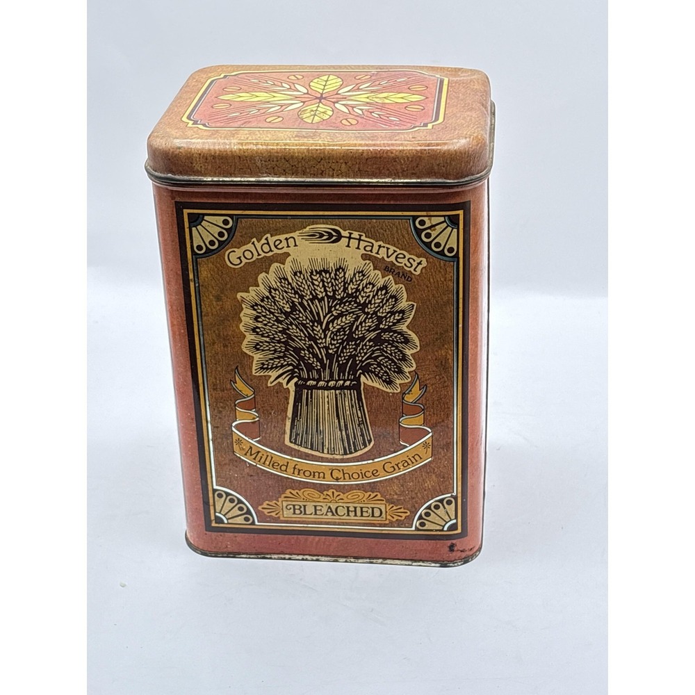 Vintage Golden Harvest Flour Tin Canister Brown Wheat Kitchen Bakery Decor